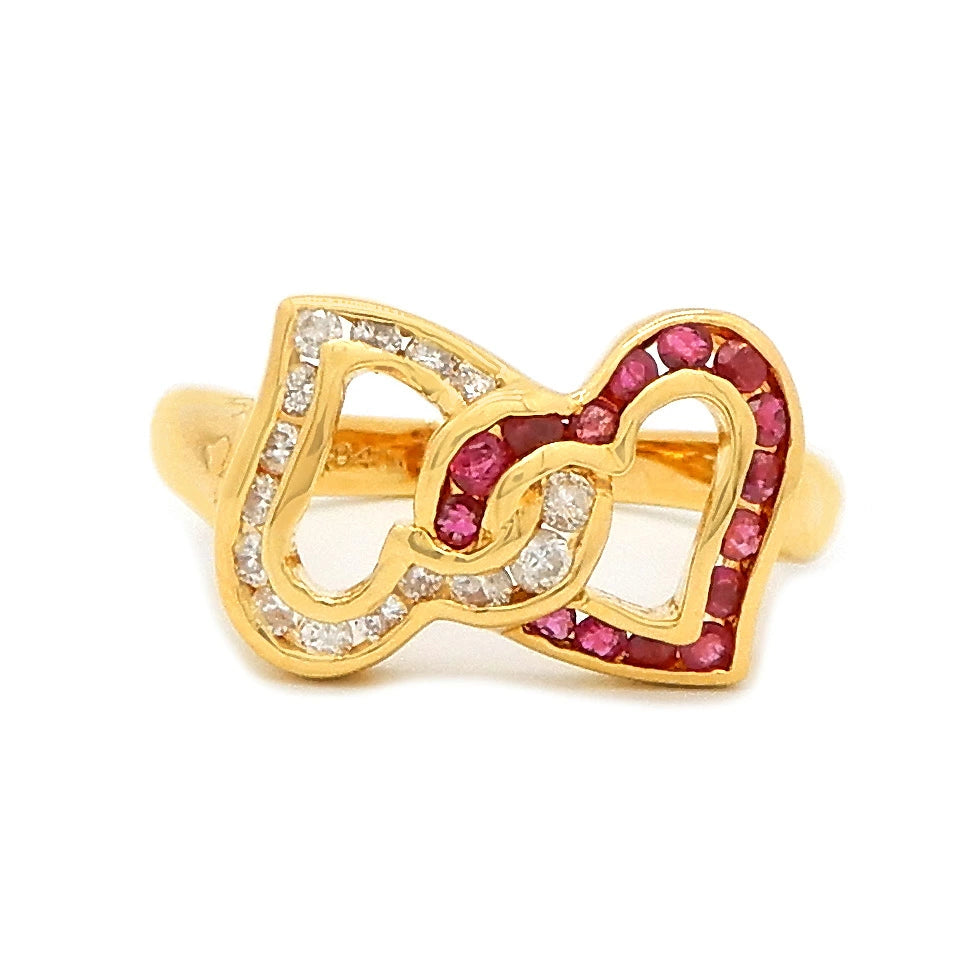 18K Yellow Gold Ruby 0.40ct Diamond 0.24ct Interlocking Double Heart Ribbon Ring