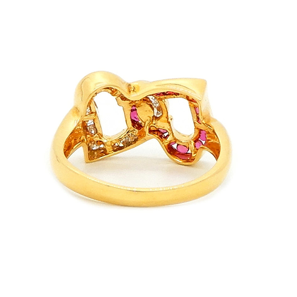 18K Yellow Gold Ruby 0.40ct Diamond 0.24ct Interlocking Double Heart Ribbon Ring