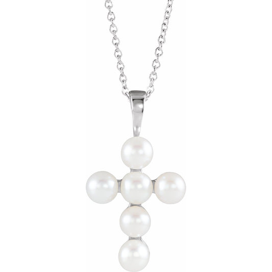 Cultured White Freshwater Pearl Cross 16-18" Necklace