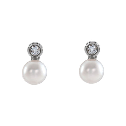 Cultured White Akoya Pearl & .03 CTW Natural Diamond Earrings