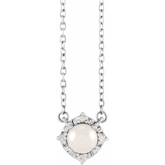 Cultured White Freshwater Pearl & .04 CTW Natural Diamond Halo-Style 18" Necklace