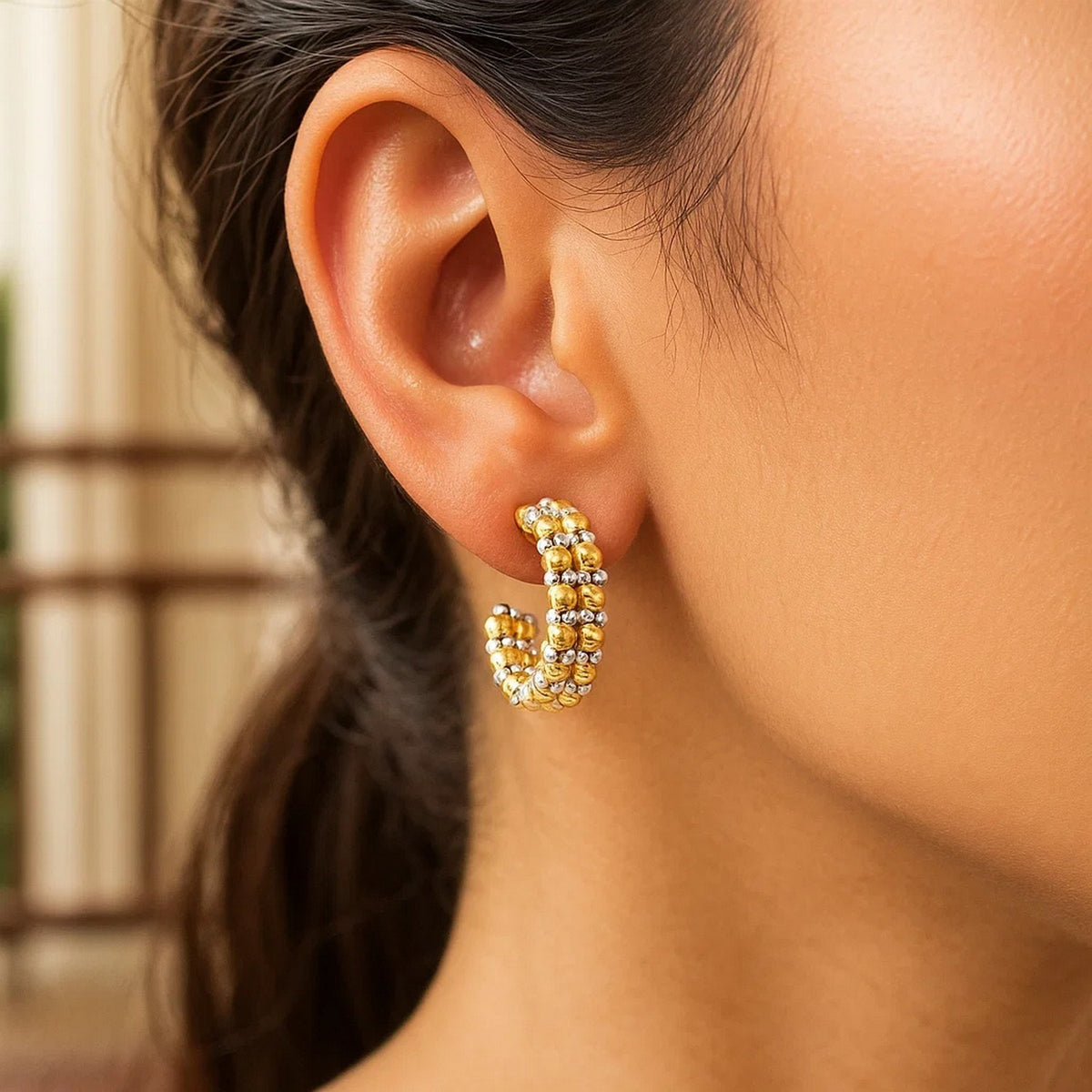 Gold Hoop Earrings with Pallina Beads in 14K Two Tone Gold