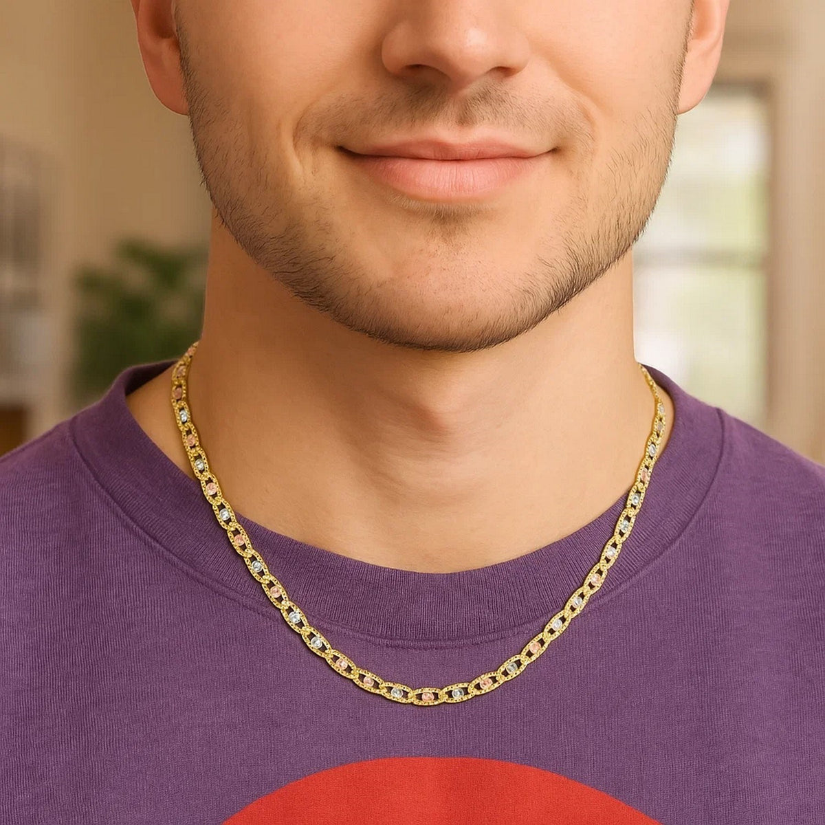 14K Tri Color Gold Pave Valentino Chain