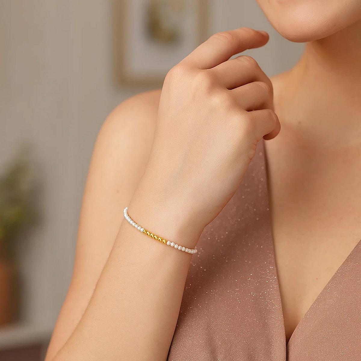 14k Yellow Gold High Polish Freshwater Pearl Pallina Bead Bracelet (2.00 mm)