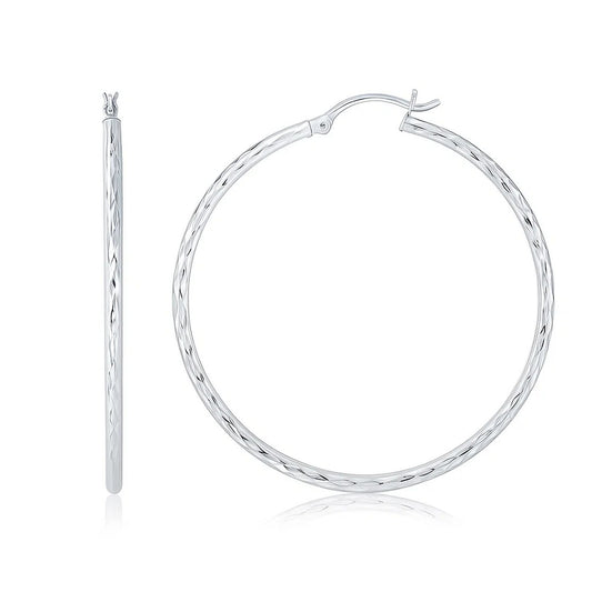 14k White Gold Diamond Cut Hoop Earrings (1 3/4 inch Diameter)