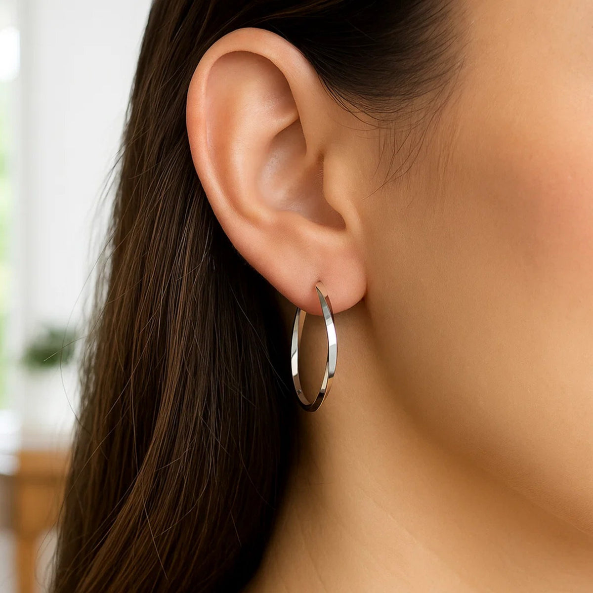 14k White Gold Mobius Twisted Hoop Earrings