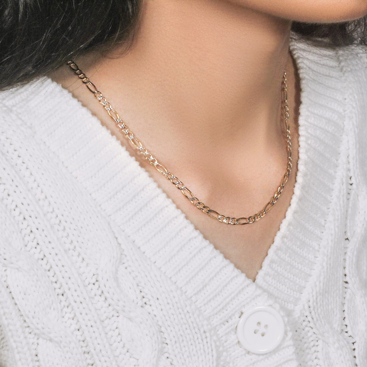 14K Yellow Gold Solid Pave Figaro Chain