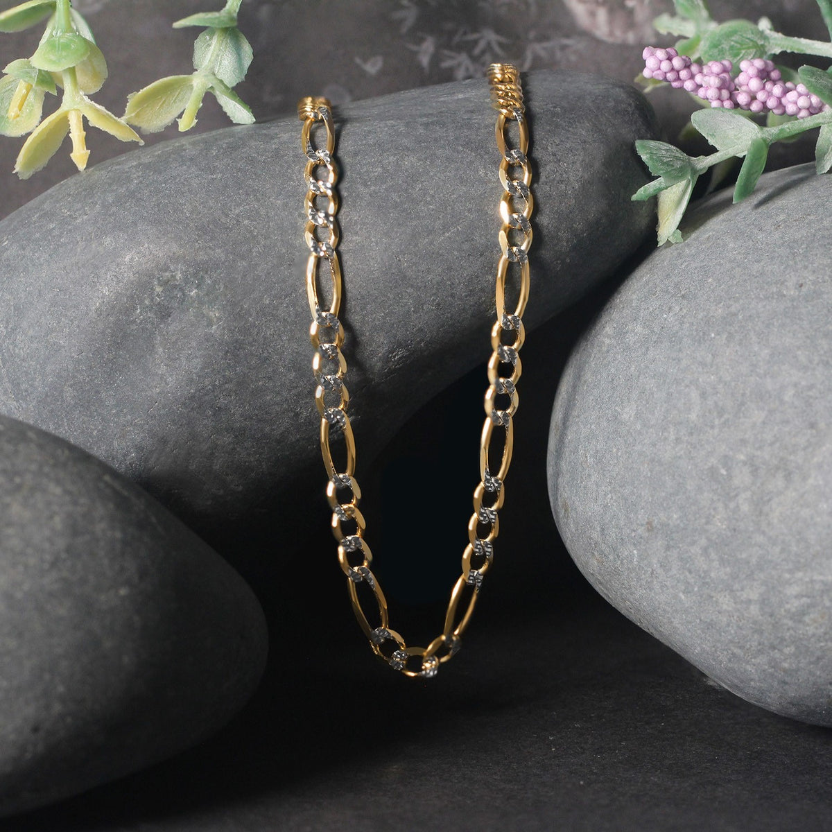 14K Yellow Gold Solid Pave Figaro Chain