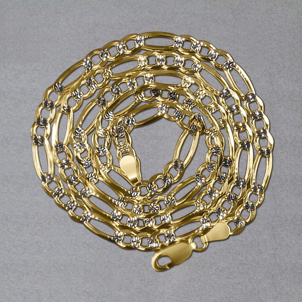 14K Yellow Gold Solid Pave Figaro Chain