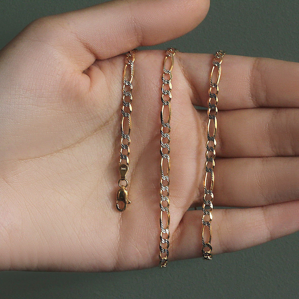 14K Yellow Gold Solid Pave Figaro Chain