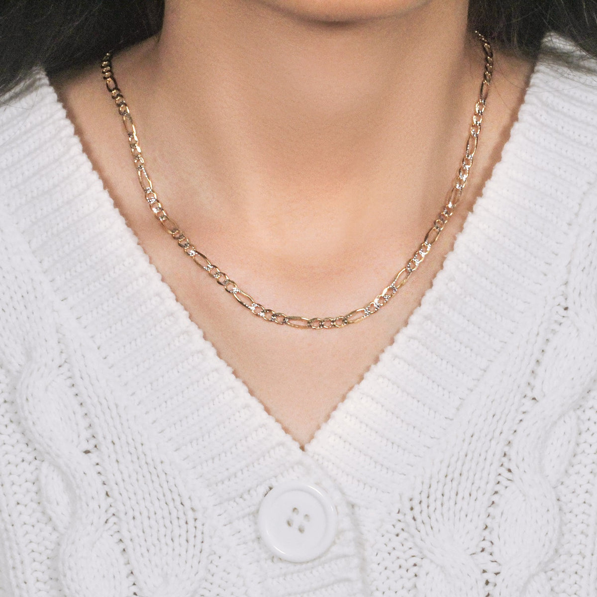 14K Yellow Gold Solid Pave Figaro Chain