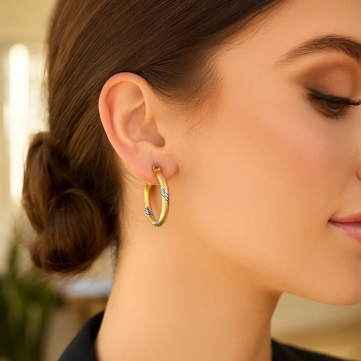 14k Two Tone Gold Polished Hoop Earrings (3x20mm)