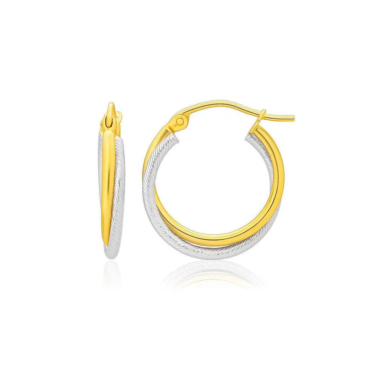 14k Two Tone Gold Double Polished and Textured Hoop Earrings