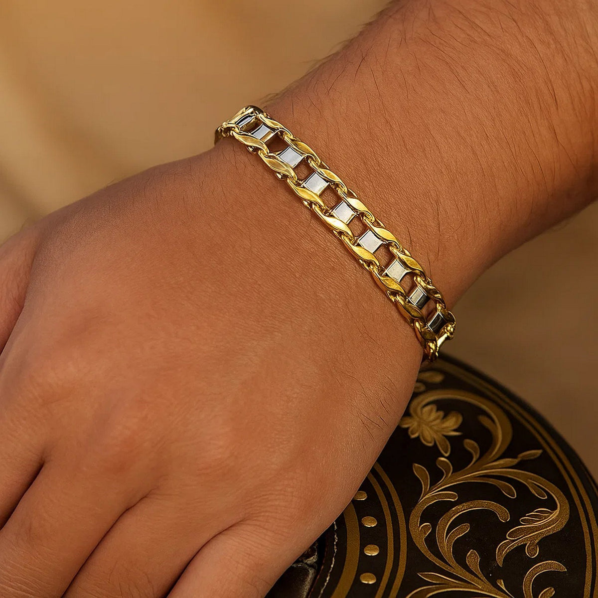 14k Two-Tone Gold Mens Bracelet with S Style Bar Links (7.85 mm)