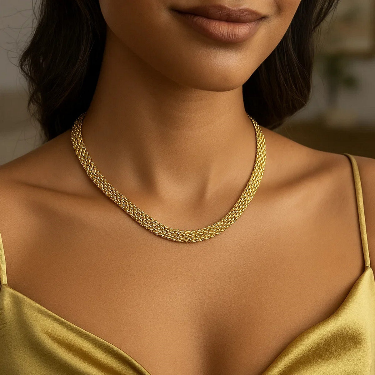 14k Yellow Gold Fancy Polished Multi-Row Panther Link Necklace