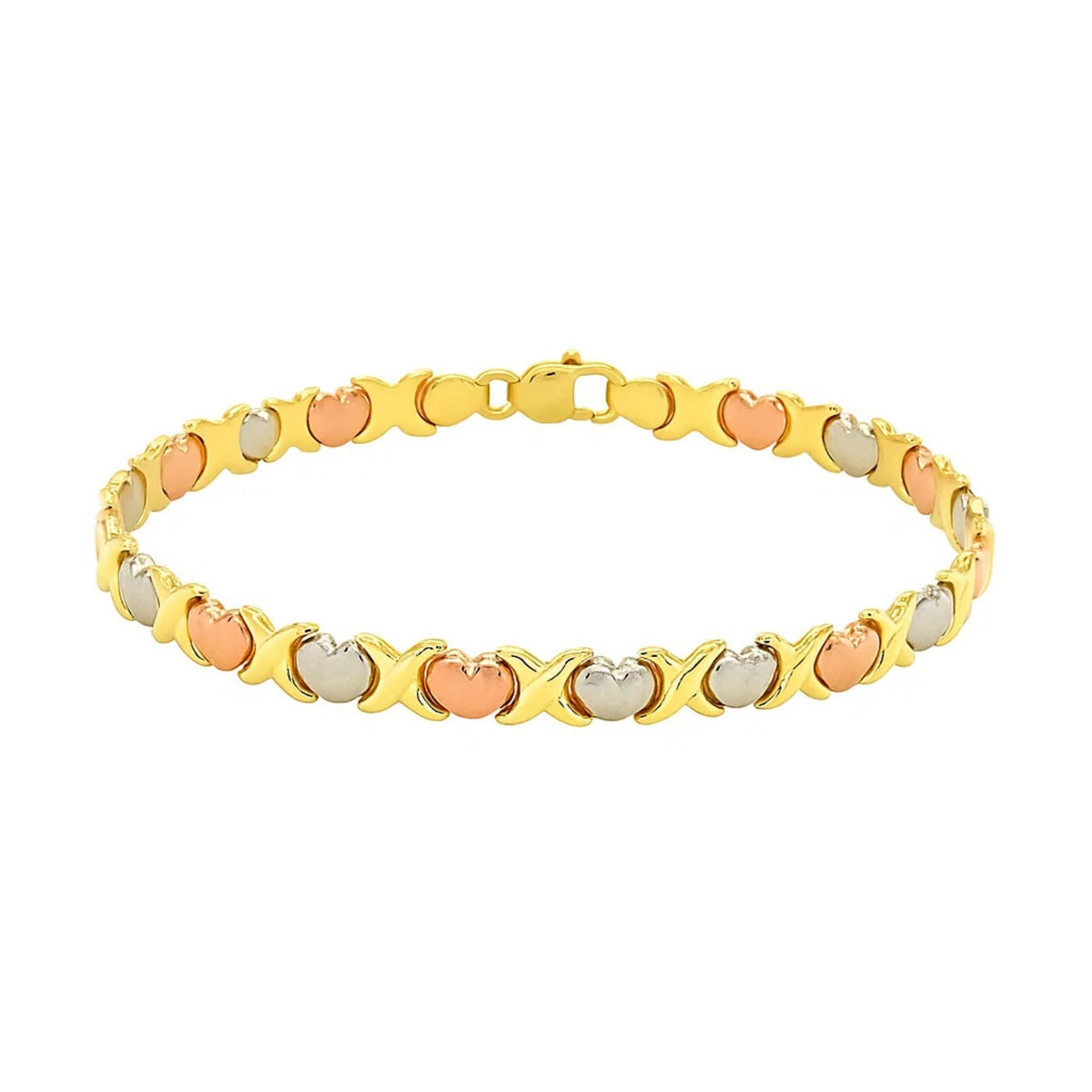 14k Tri-Color Gold Fancy Satin Heart Line Bracelet (6.35 mm)