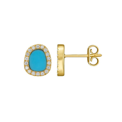 14K Yellow Gold Diamond and Turquoise Freeform Cushion Earrings