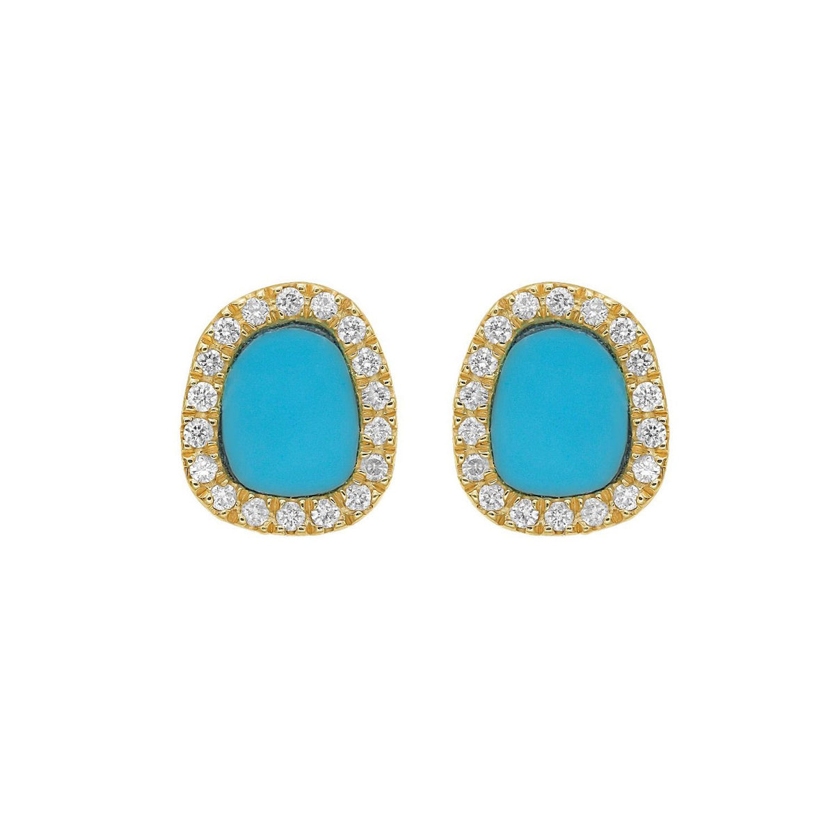 14K Yellow Gold Diamond and Turquoise Freeform Cushion Earrings