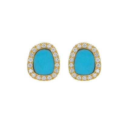 14K Yellow Gold Diamond and Turquoise Freeform Cushion Earrings
