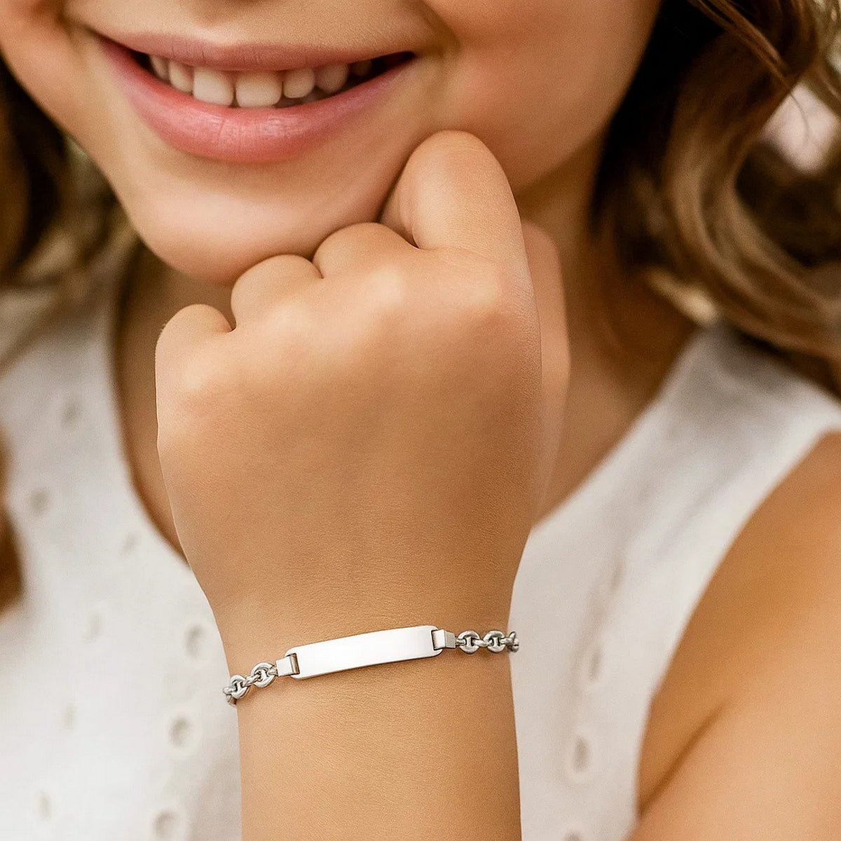 14k White Gold Figaro Chain Fancy Childrens ID Bracelet (3.30 mm)