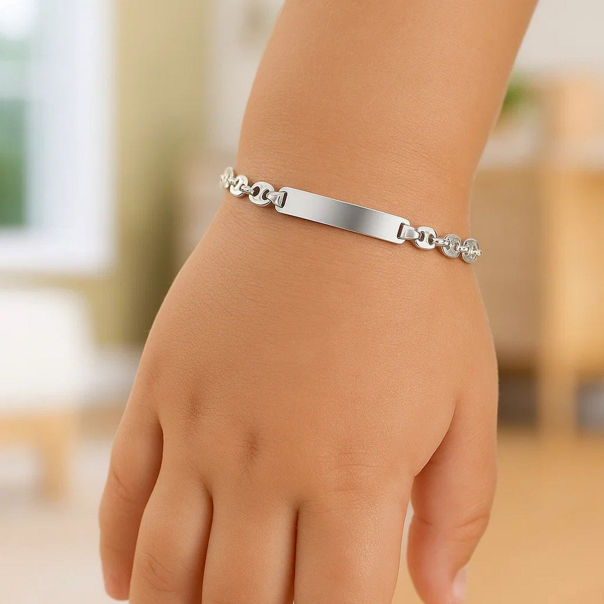 14k White Gold Figaro Chain Fancy Childrens ID Bracelet (3.30 mm)