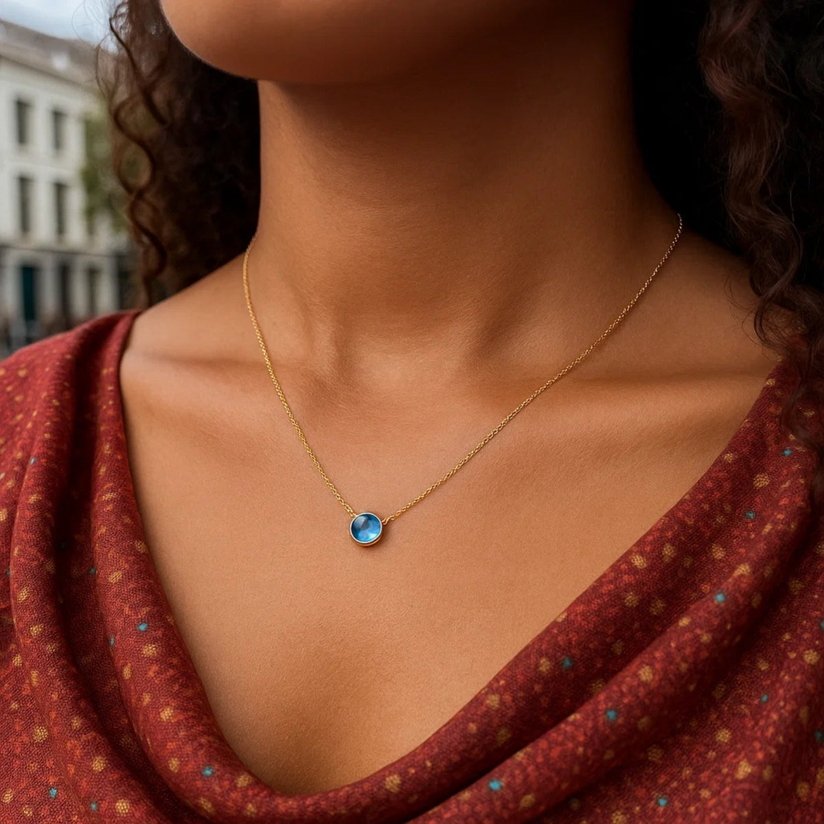 14k Yellow Gold 17 inch Necklace with Round Blue Topaz
