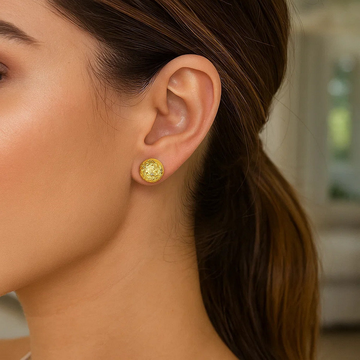14k Yellow Gold Puff Round Earrings with Diamond Cuts