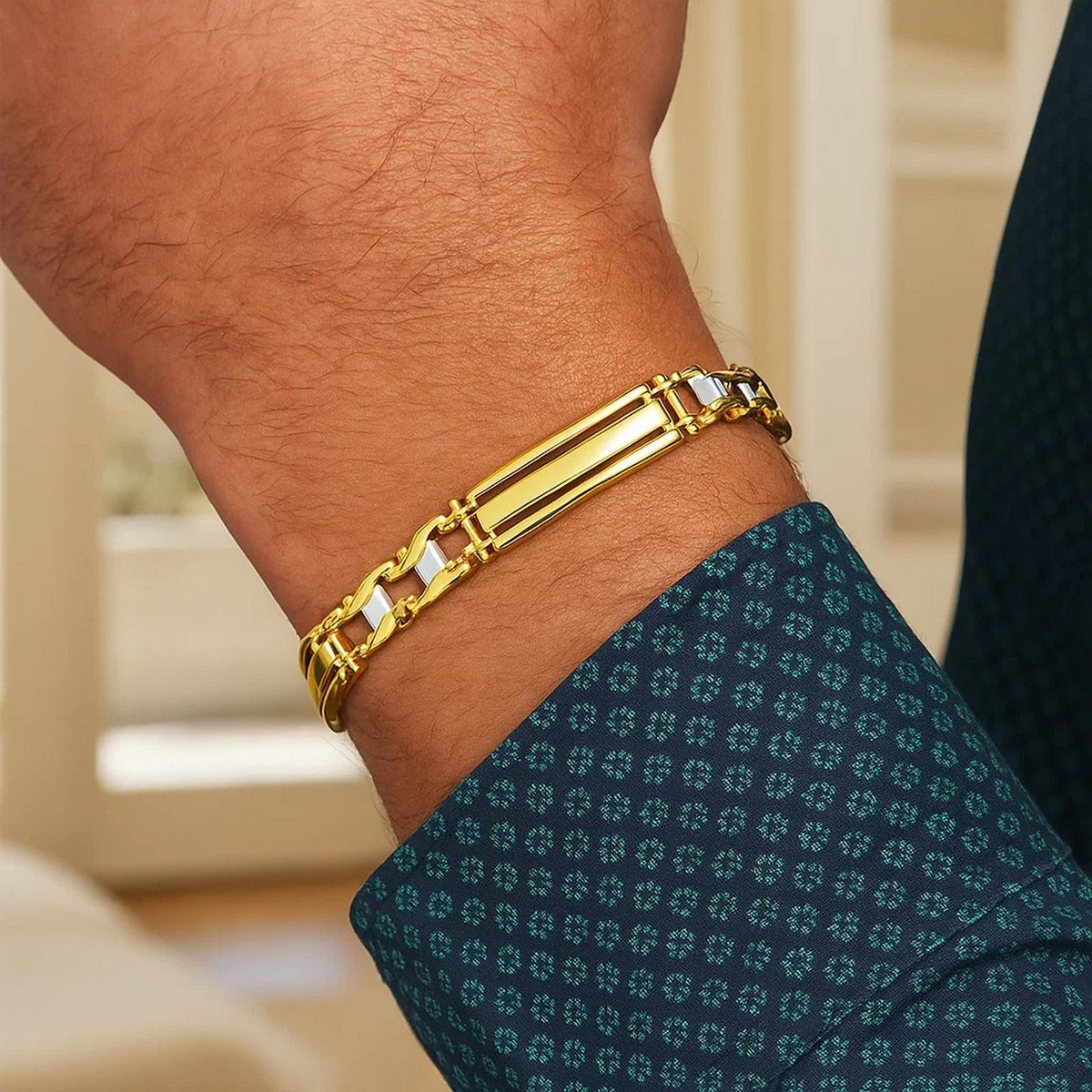 14k Two-Tone Gold Fancy Bar Style Mens Bracelet with Curved Connectors (9.65 mm)