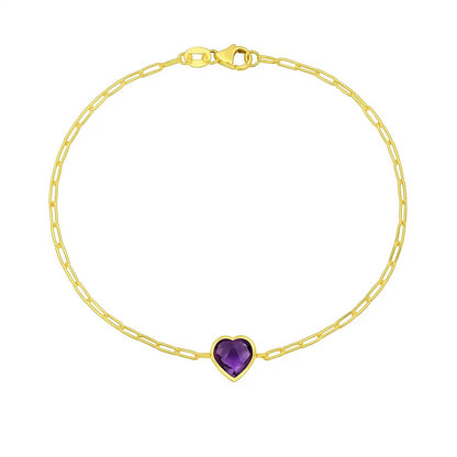 14K Yellow Gold Amethyst Heart Bracelet (1.50 mm)