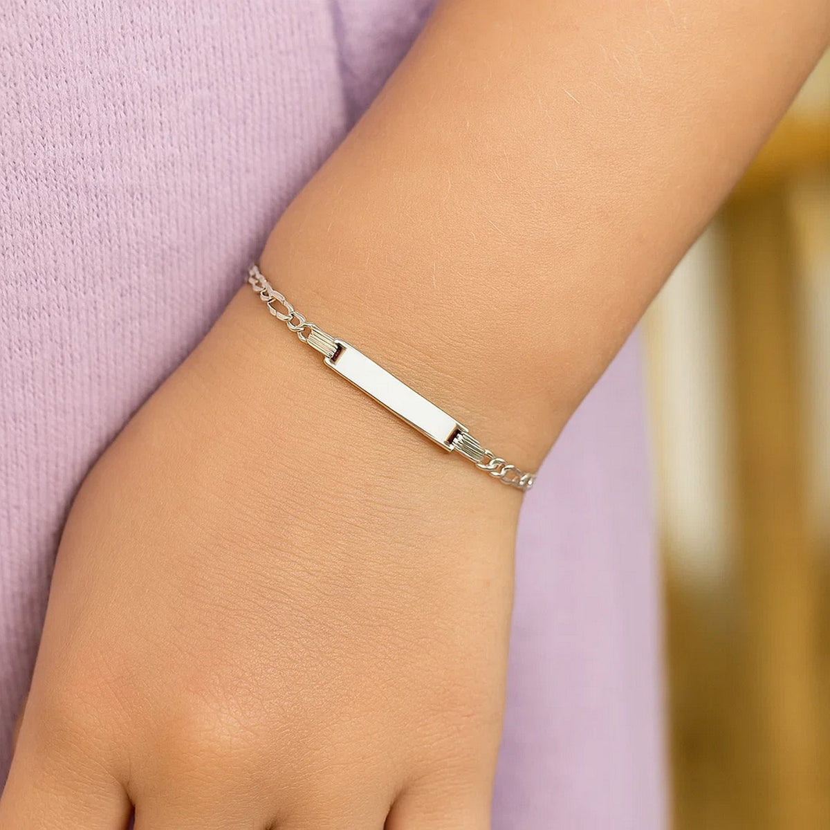 14k White Gold Figaro Chain Fancy Childrens ID Bracelet (3.30 mm)