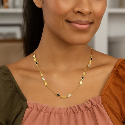 14K Yellow Gold Onyx And MOP Inlay Links Necklace