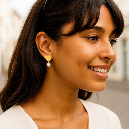 Heart and Pearl Drop Stud Earrings in 14K Yellow Gold
