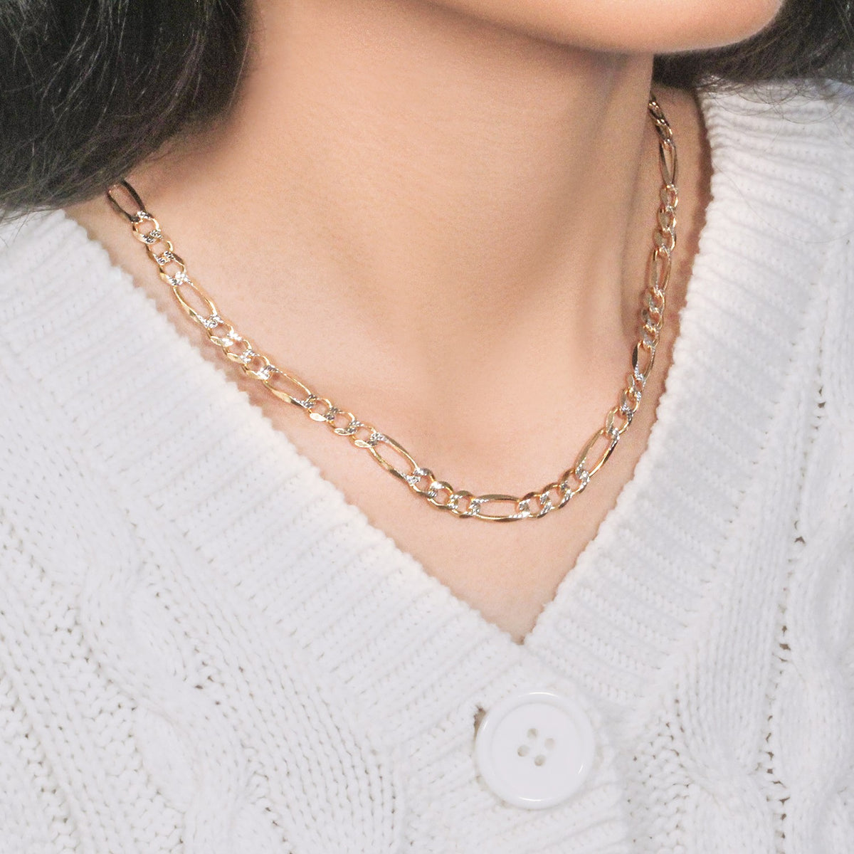 14K Yellow Gold Solid Pave Figaro Chain