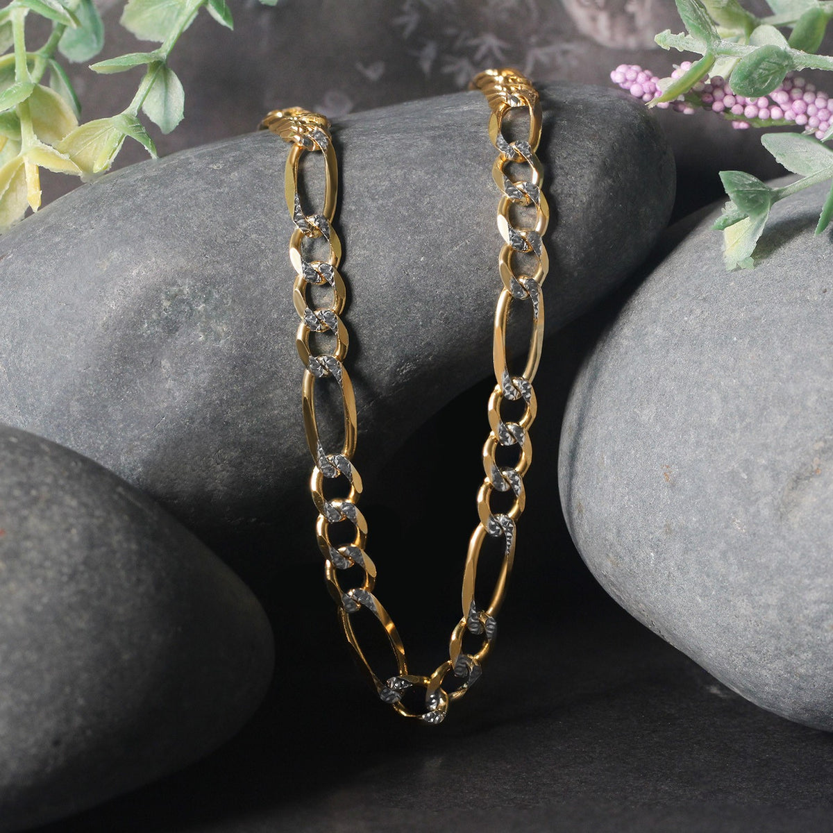 14K Yellow Gold Solid Pave Figaro Chain