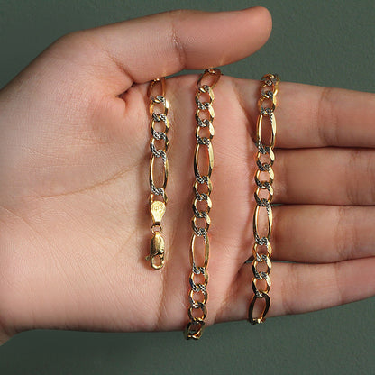 14K Yellow Gold Solid Pave Figaro Chain