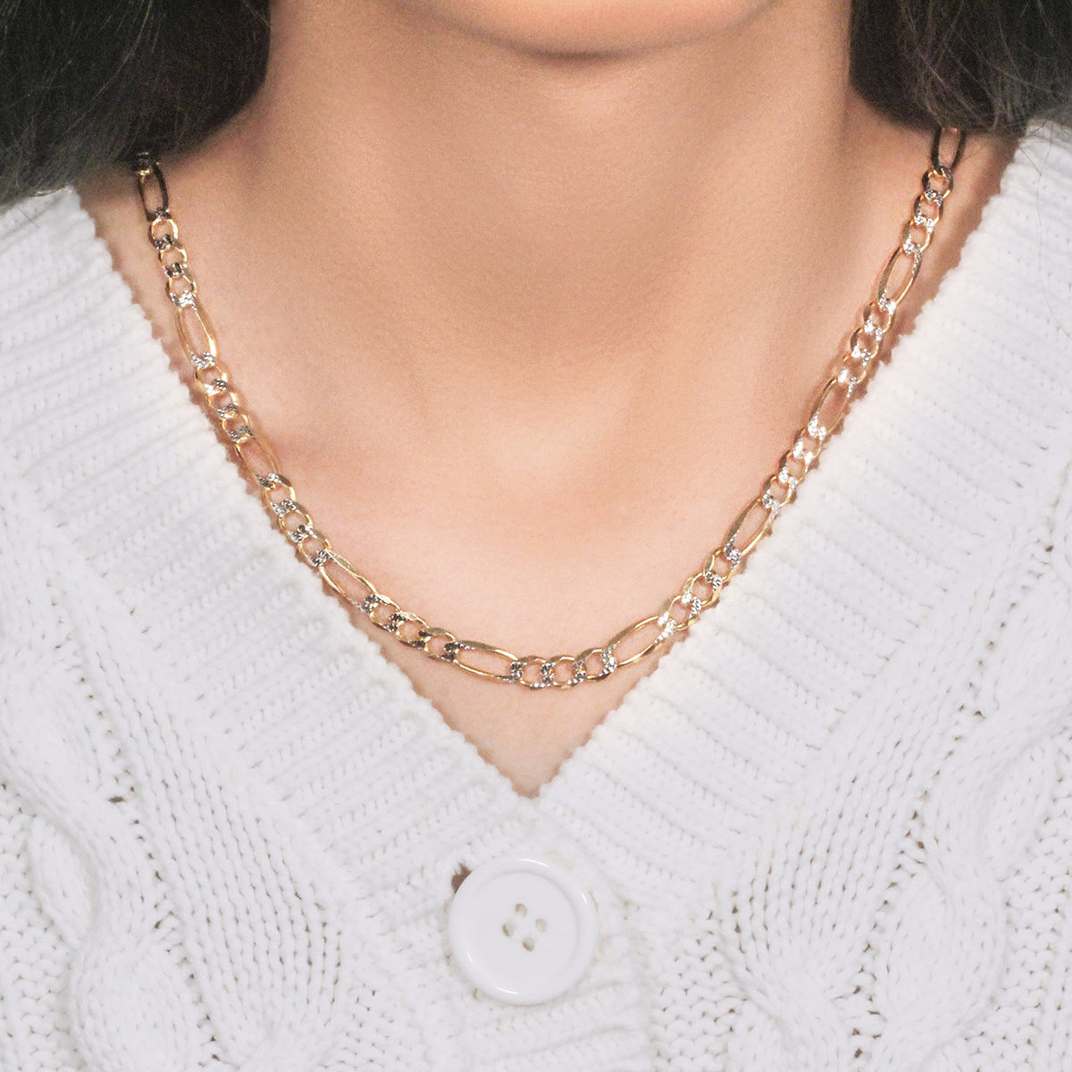 14K Yellow Gold Solid Pave Figaro Chain