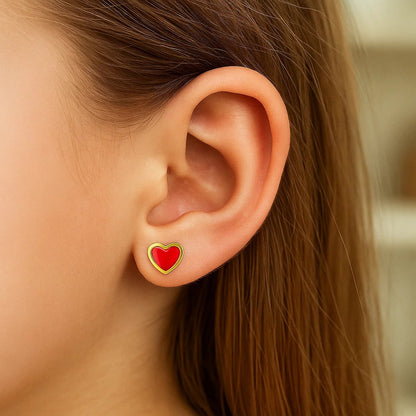 14k Yellow Gold and Enamel Red Heart Stud Earrings