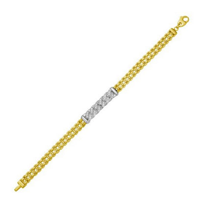 14K Yellow Gold Polished Venetian Link Diamond Pave Curb Bar Bracelet