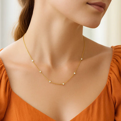 14k Yellow Gold Station Necklace with Round Diamonds