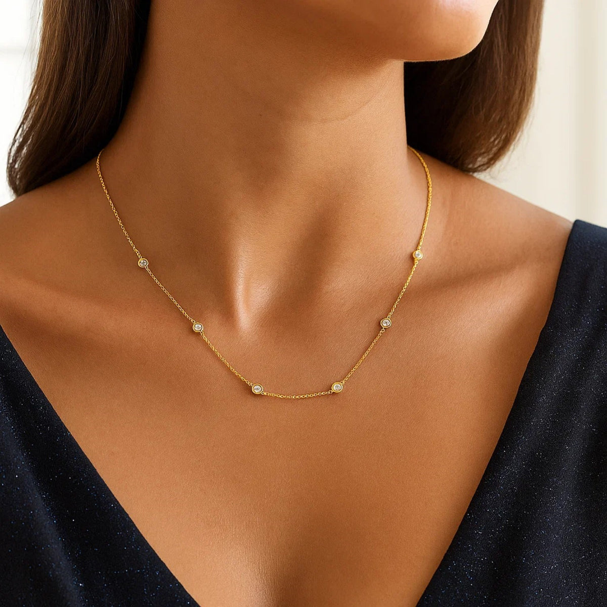 14k Yellow Gold Station Necklace with Round Diamonds