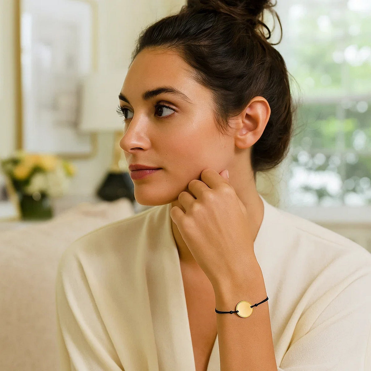 9 1/4 inch Black Cord Adjustable Bracelet with 14k Yellow Gold Circle