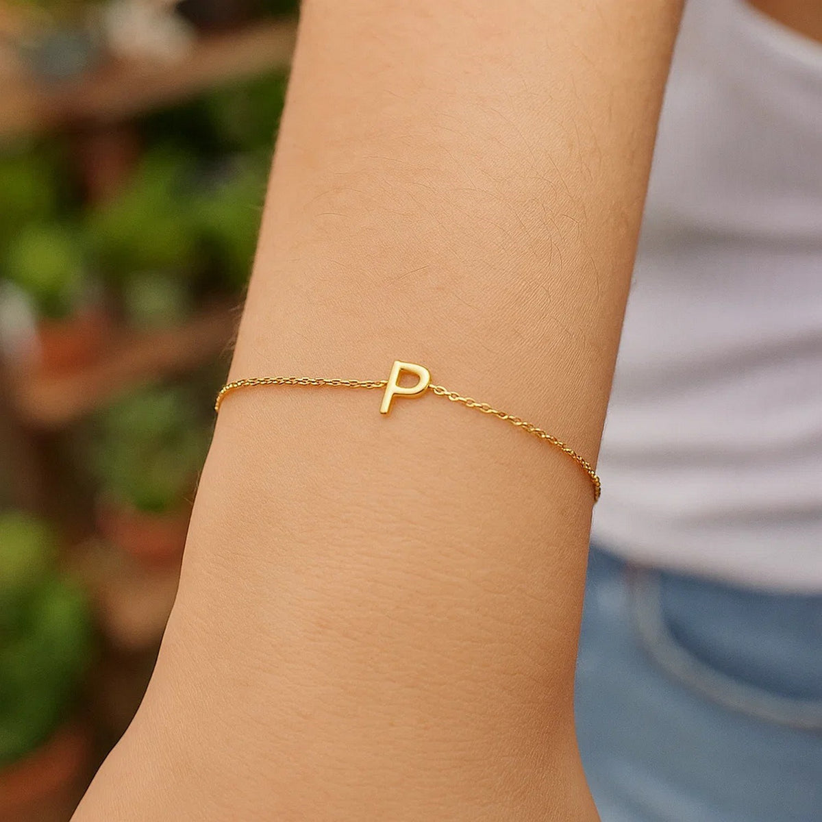 14K Yellow Gold Mini Initial P Bracelet