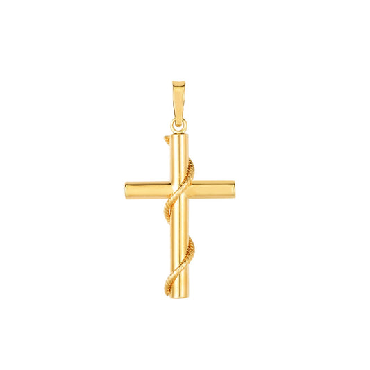 14K Yellow Gold Tube Cross Pendant with Rope Detailing
