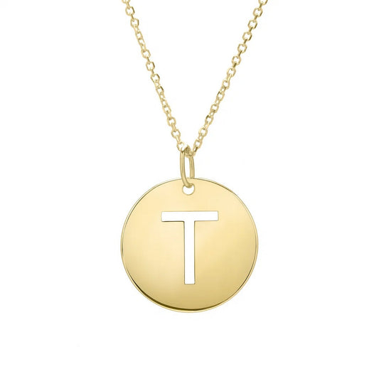 14K Yellow Gold Disc Initial T Pendant