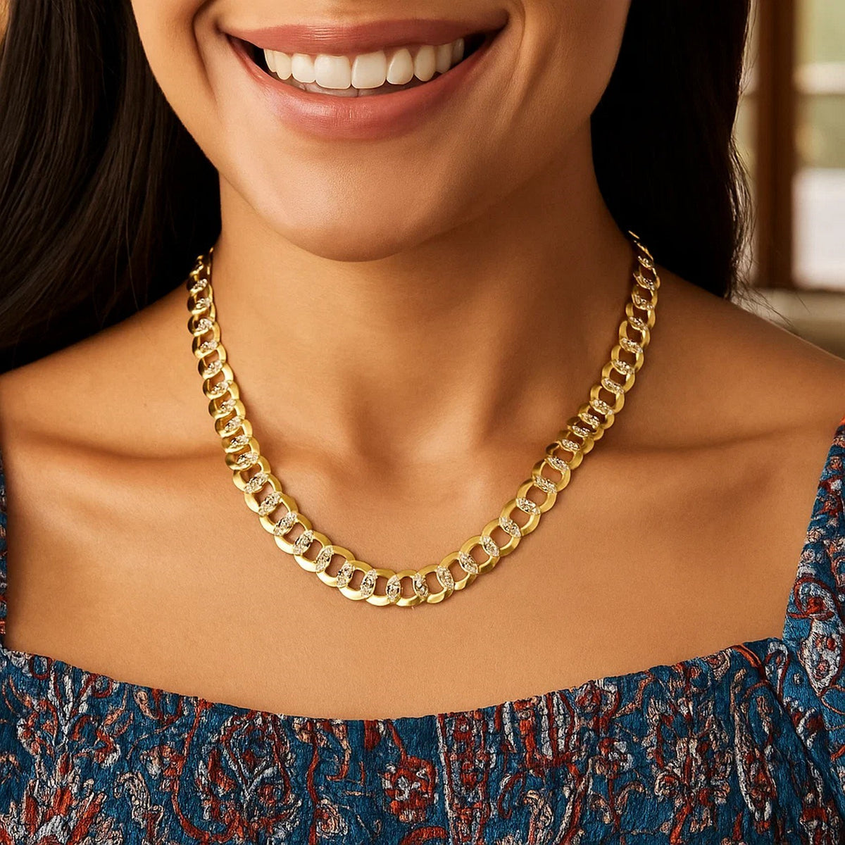 14k Two Tone Gold Pave Curb Chain