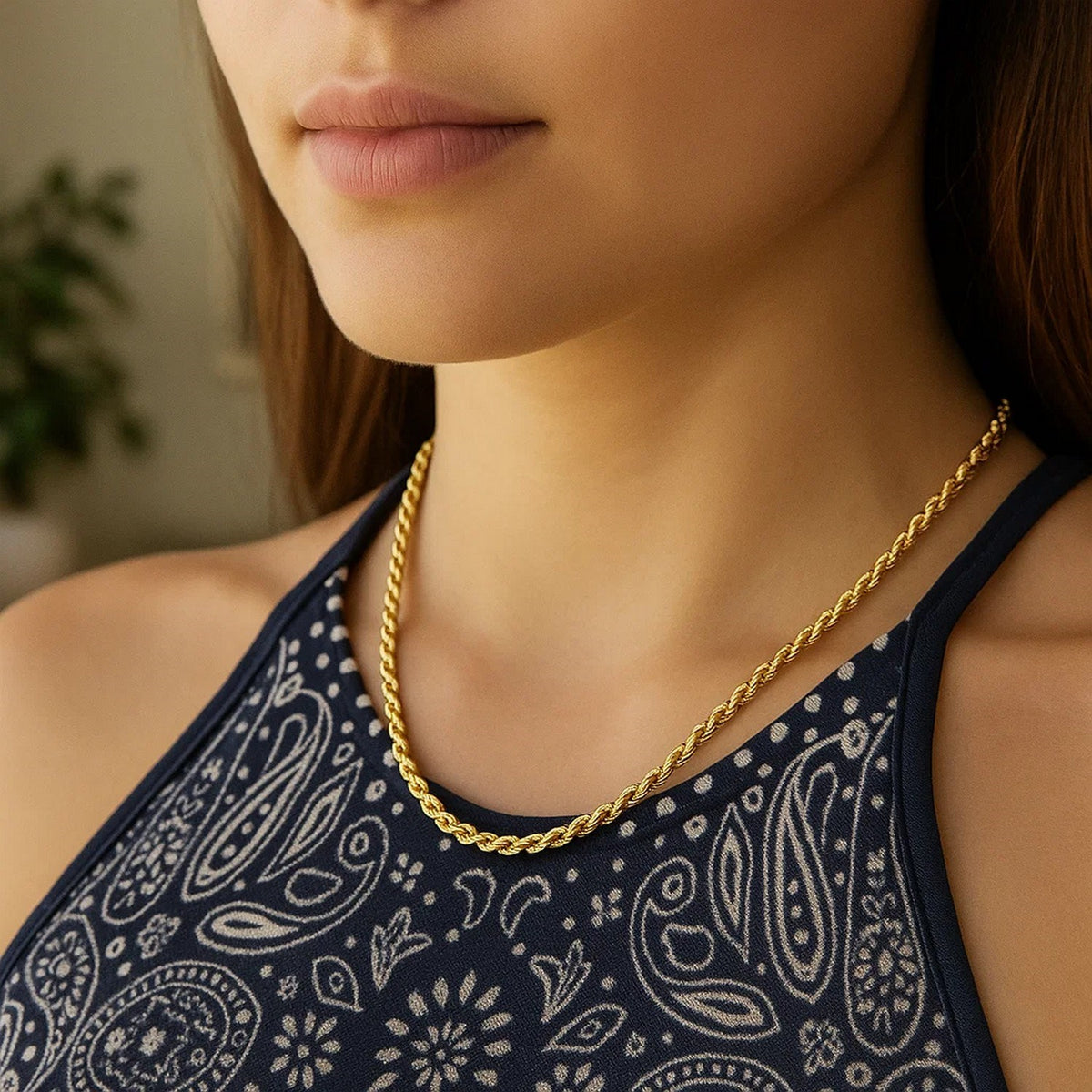 14K Yellow Gold Hollow Diamond Cut Rope Chain