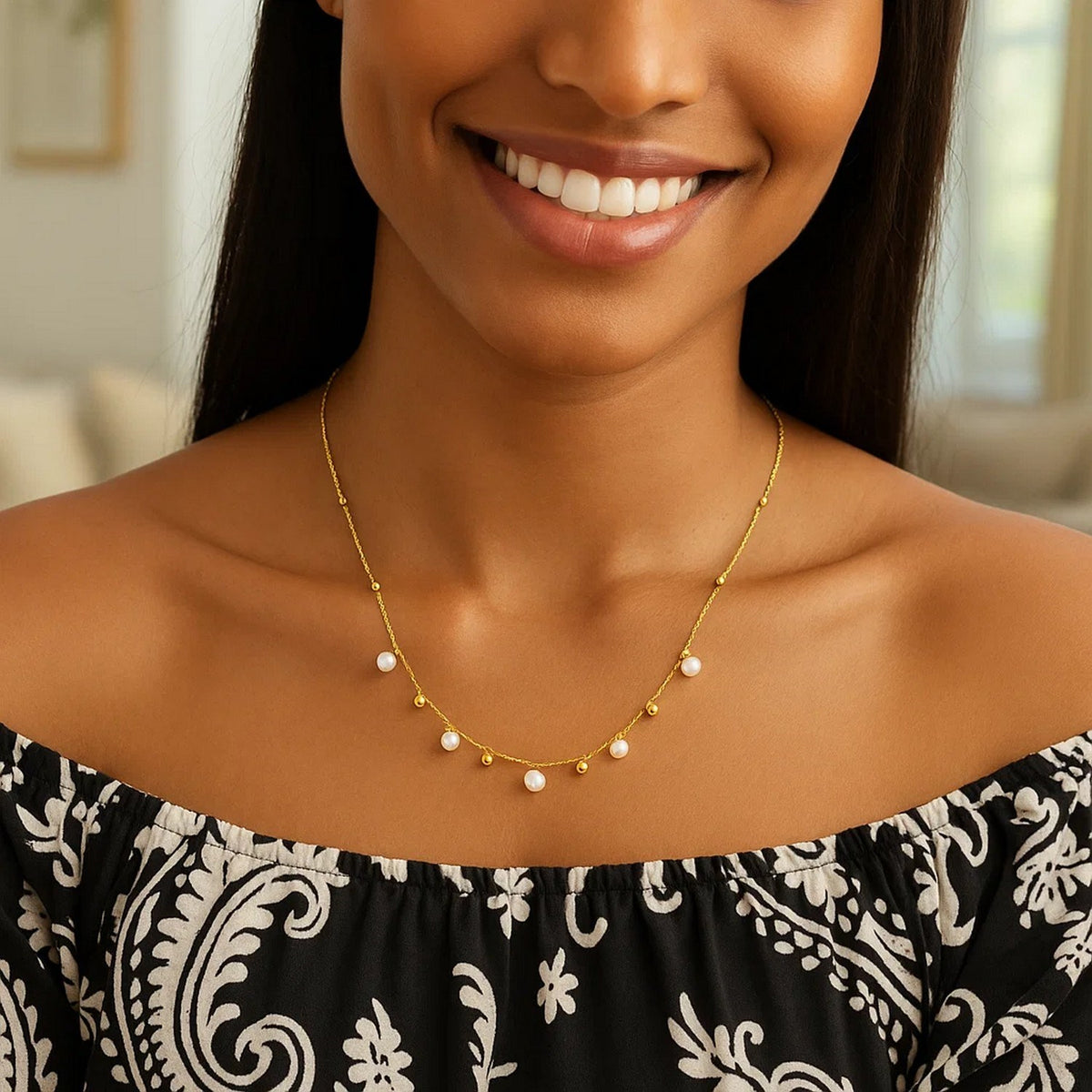 14K Yellow Gold Pearl and Scattered Bead Necklace