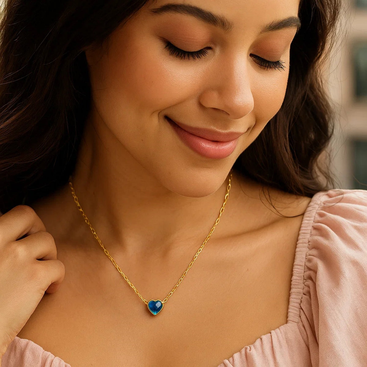 14K Yellow Gold Blue Topaz Heart Necklace (1.50 mm)