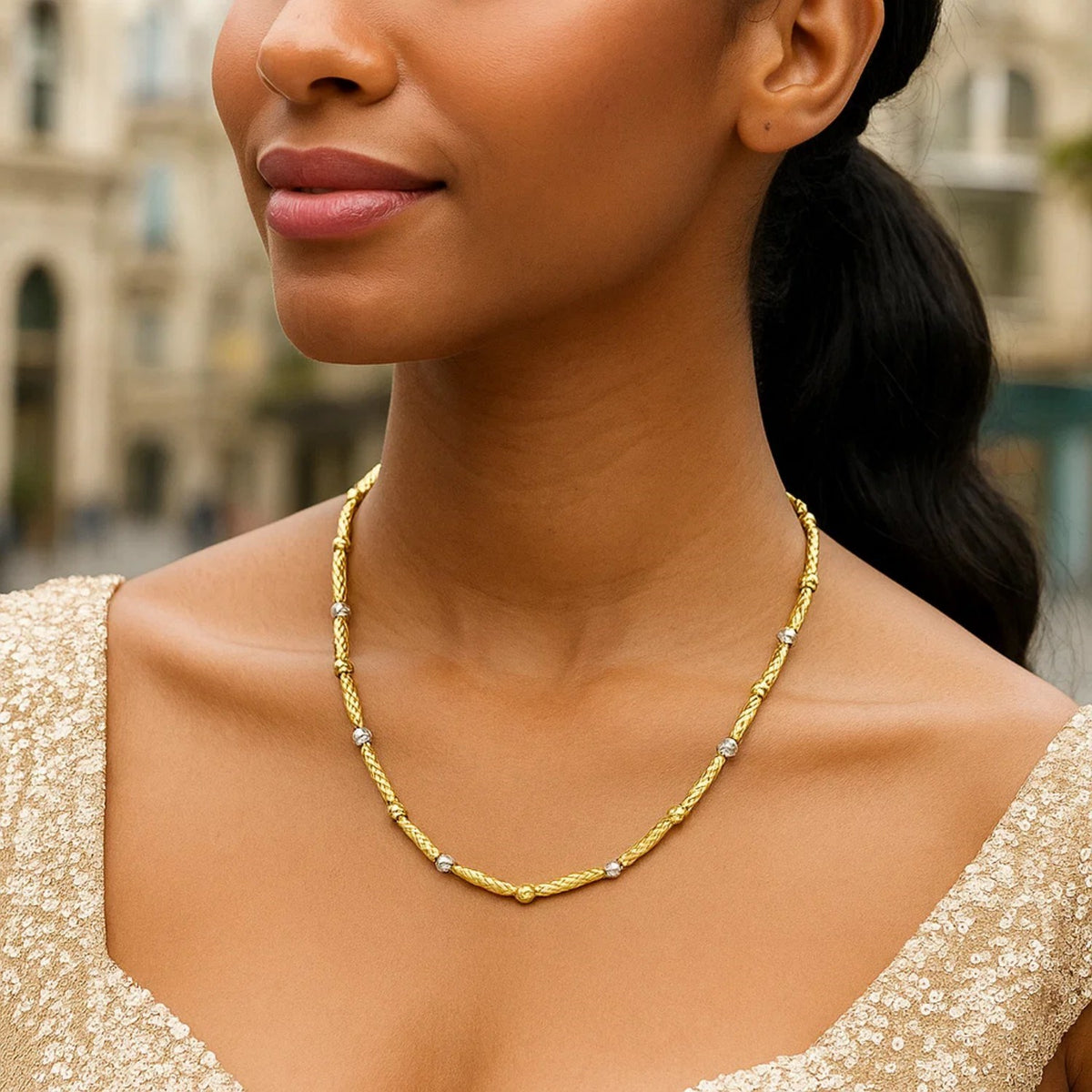 Two Tone Bar and Bead Necklace in 14K Gold