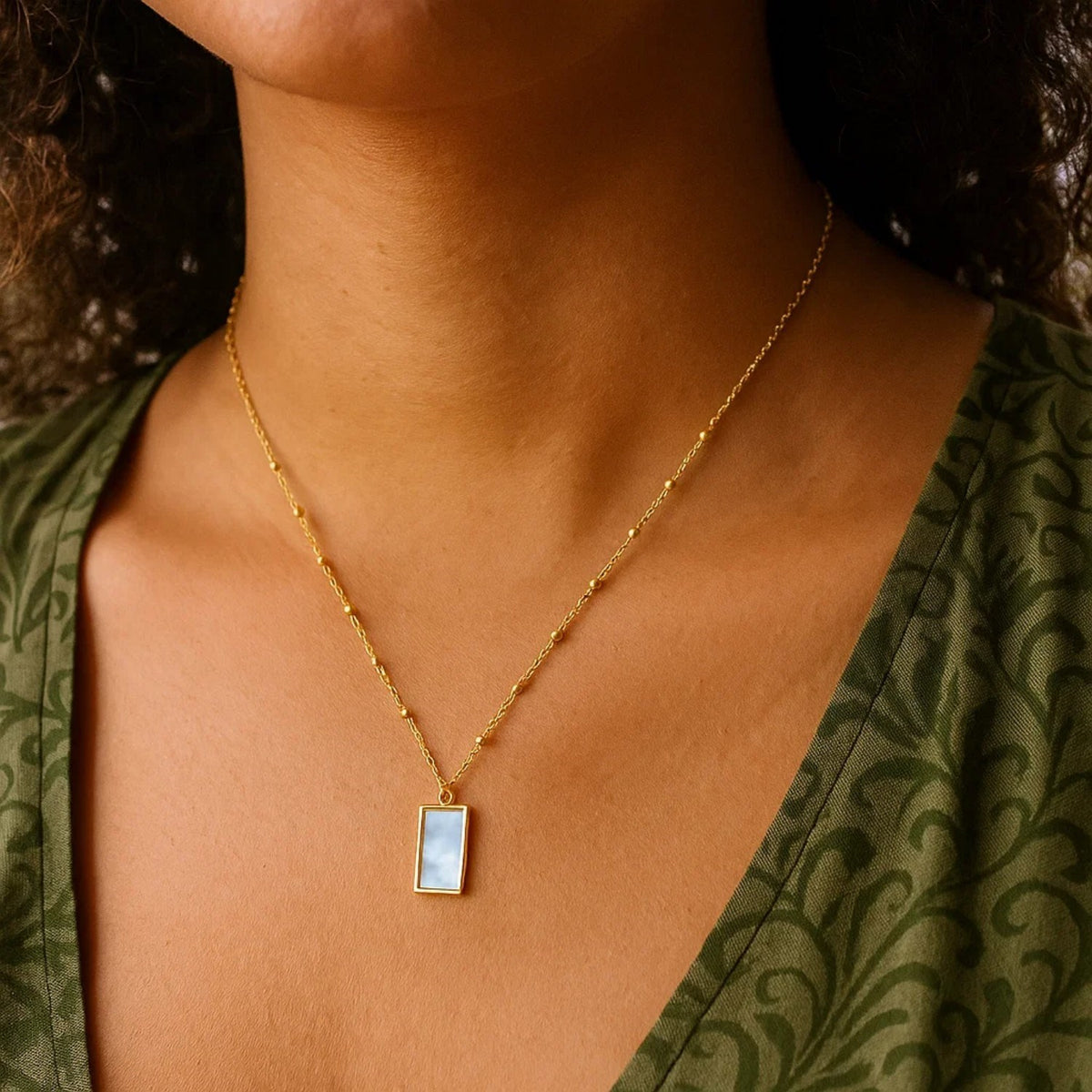 MOP Geometric Gem Rectangle Necklace in 14K Yellow Gold
